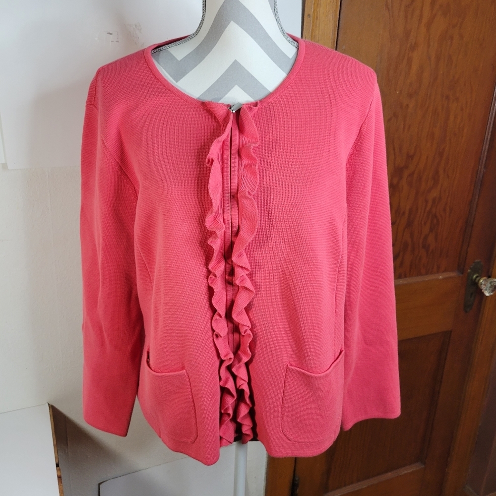 Womans Talbots Zip Front Cardigan Ruffles Cotton/Rayon Front Pockets Size XLP
